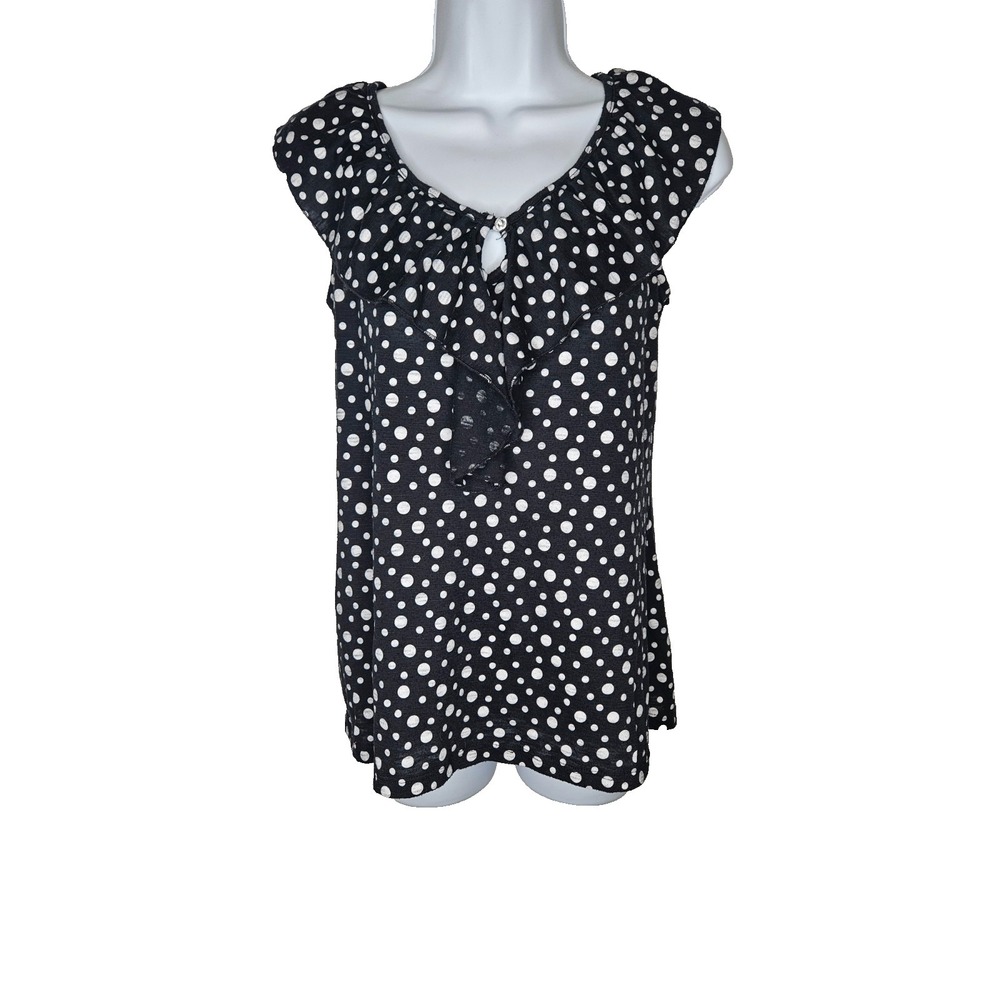 Jennie & Marlis Polka Dot Ruffle Blouse Black White Sleeveless M Retro Polka Dot